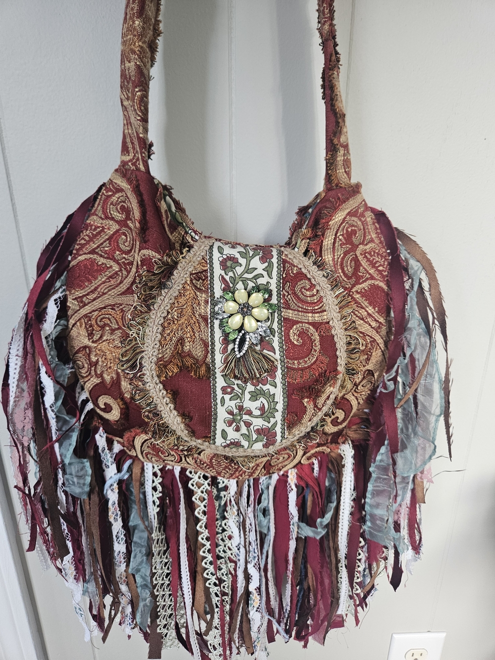 Brand New Handmade Boho Fringe Crossbody Bag in Deep Red with Floral Accent